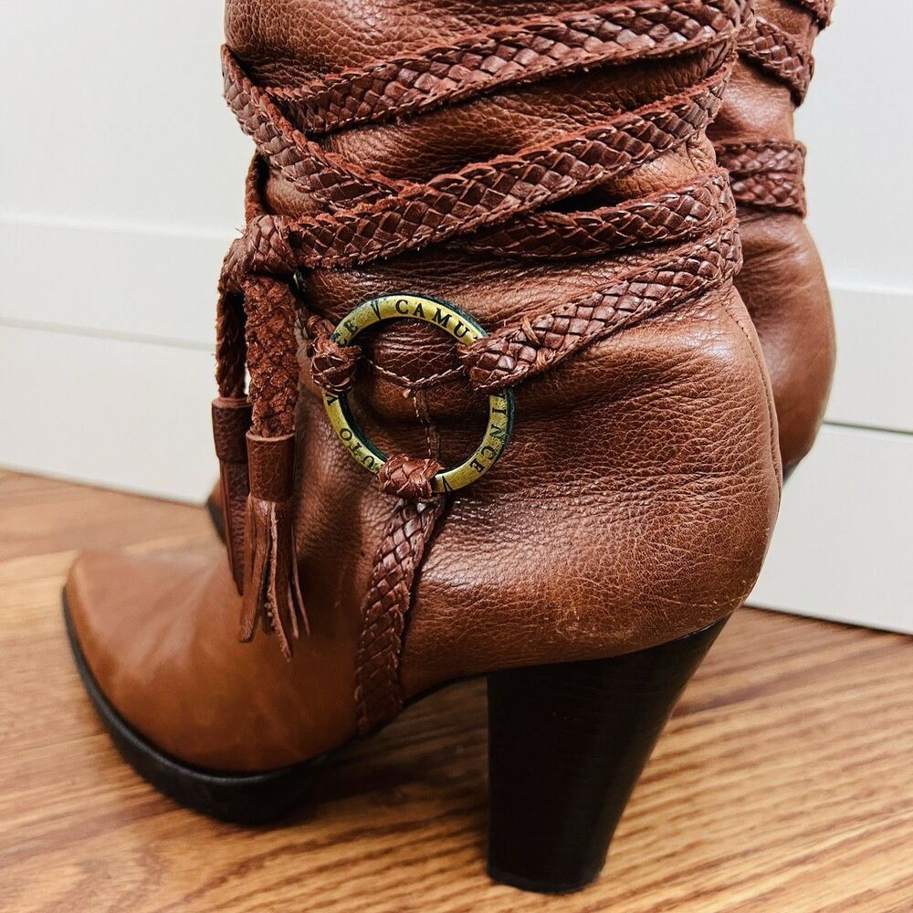Gorgeous Vince Camuto Brown Leather Buckled Braided Knee High Riding Boots Sz 8B - Picture 4 of 11